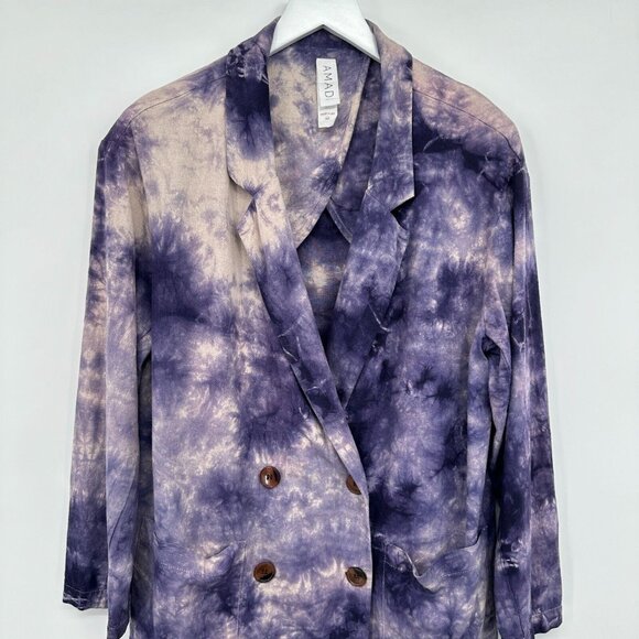 Amadi Anthropologie Blazer Jacket Medium‎ Purple Tie Dye Double Breasted Pockets - Picture 4 of 15